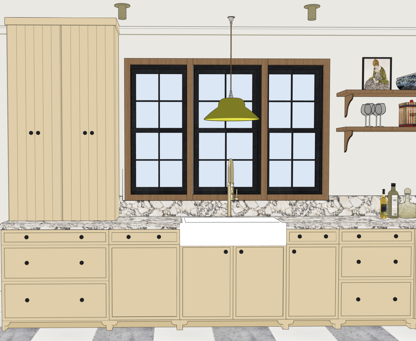 A modern kitchen with beige cabinets, a white farmhouse sink, yellow pendant light, black-framed windows, wooden shelves with glassware and books, and a marble countertop.