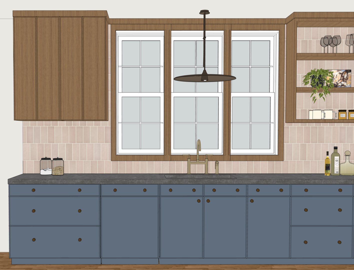 A modern kitchen with a blue cabinet countertop, wooden cabinets, pink tiled backsplash, and a large window above the sink, with various bottles and jars on the counter.