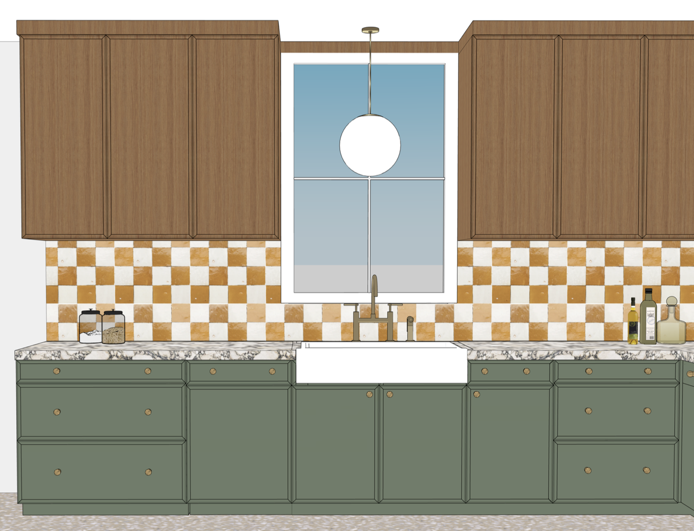 Kitchen with green lower cabinets, marble countertop, brown upper cabinets, checkered orange and white backsplash, window above the sink, and hanging light fixture.