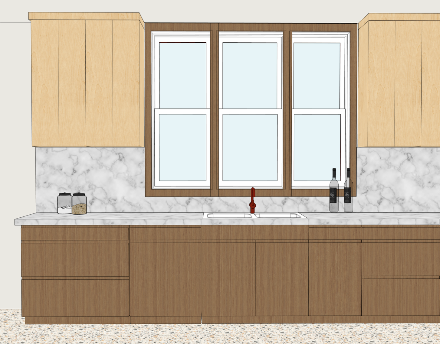 Kitchen with wooden cabinets, marble backsplash, and a large window above the sink, which has a red faucet, with bottles on the counter.