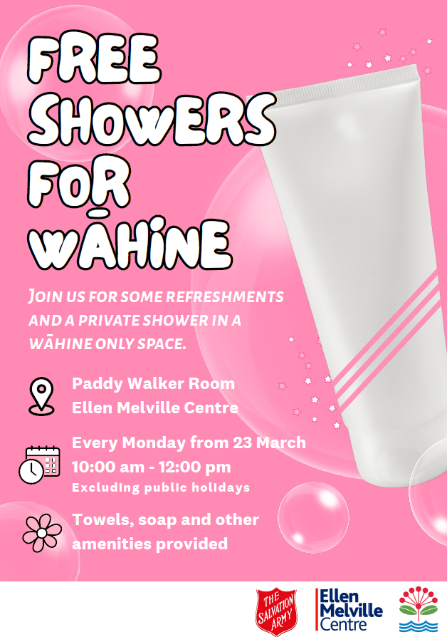 Pink background with a tube of shower gel and the title "free showers for wāhine"