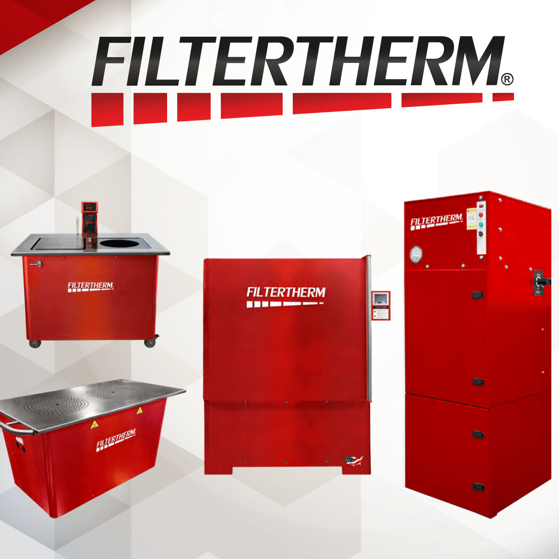 Image showing various Filtertherm industrial heating equipment in red, including a tank, a large machine, and a smaller device, with the Filtertherm logo at the top.