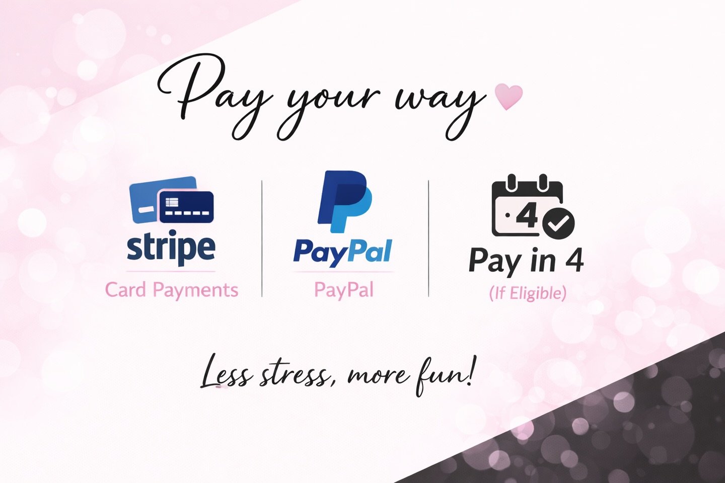 ✨ Making magical moments easier to say YES to ✨

We&rsquo;re so excited to share that we now accept:
💳 Card payments via Stripe
💻 PayPal
💸 Pay in 4 with PayPal (eligible customers)

Because creating beautiful memories for your toddler&rsquo;s spec