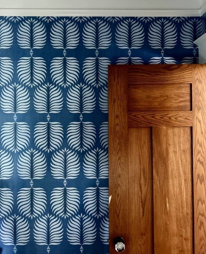 Elegance in simplicity. This beautifully crafted oak door complements the dark blue and white wallpaper, creating a stunning visual harmony.⁠
⁠
#InteriorDesign #HomeDecor #SophisticatedStyle #WheatonLivingMagazine
