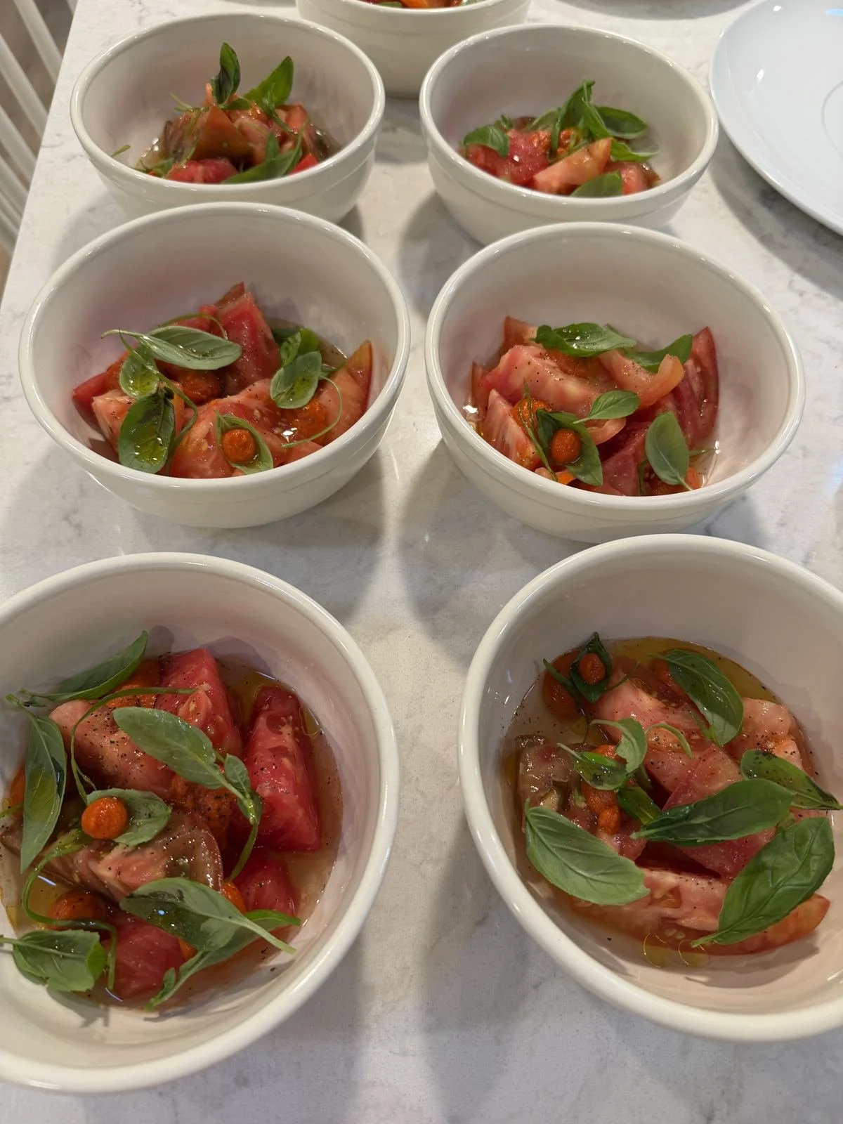 Heirloom tomato salad with basil, plated by Terkel Scholar