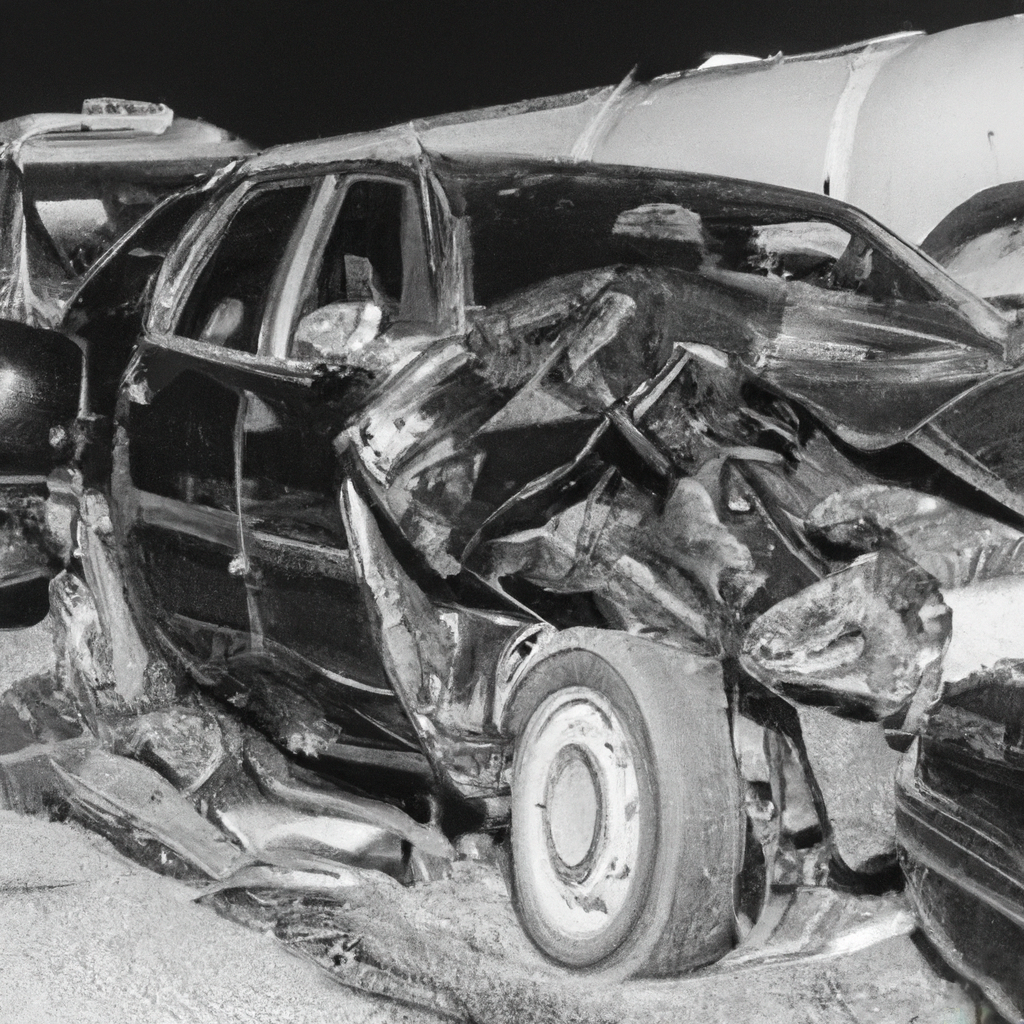 DALL·E 2023-02-26 14.53.33 - wrecked black vehicles on highway accident detailed black and white photograph with flash.png