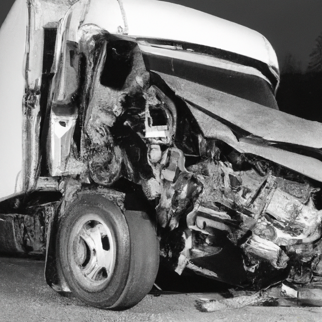 DALL·E 2023-02-26 14.50.35 - SMASHED truck in traffic accident LARGE FORMAT black and white photograph with flash.png