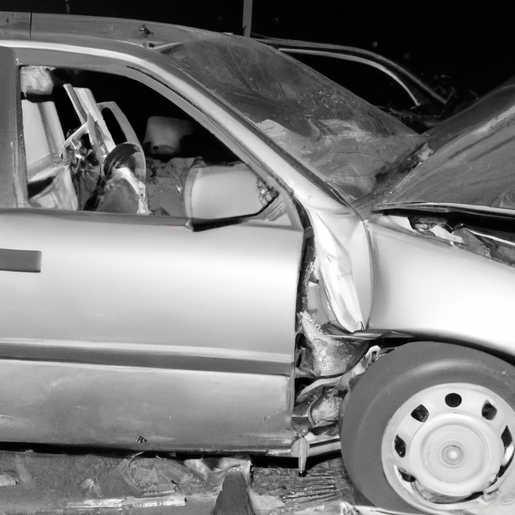 DALL·E 2023-02-26 14.50.07 - SMASHED car in traffic accident LARGE FORMAT black and white photograph with flash.png