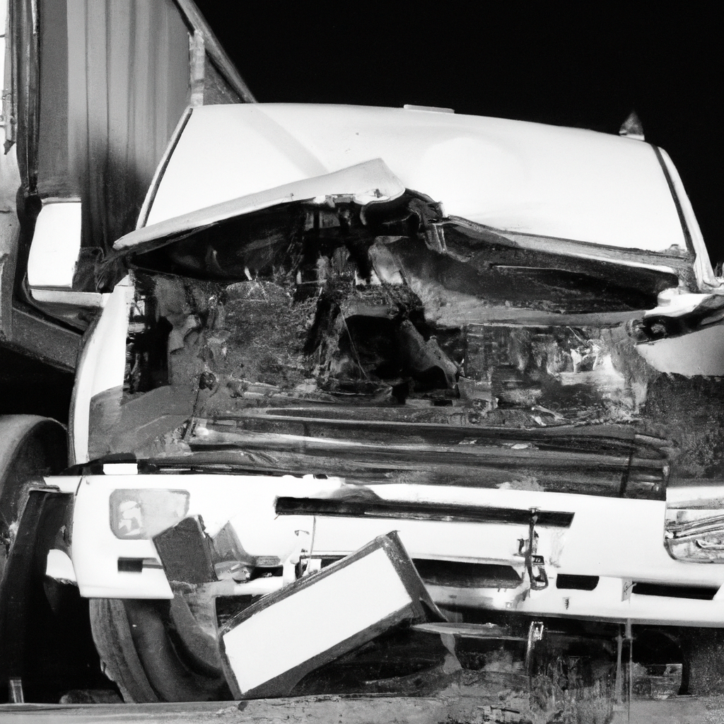 DALL·E 2023-02-26 14.50.30 - SMASHED truck in traffic accident LARGE FORMAT black and white photograph with flash.png