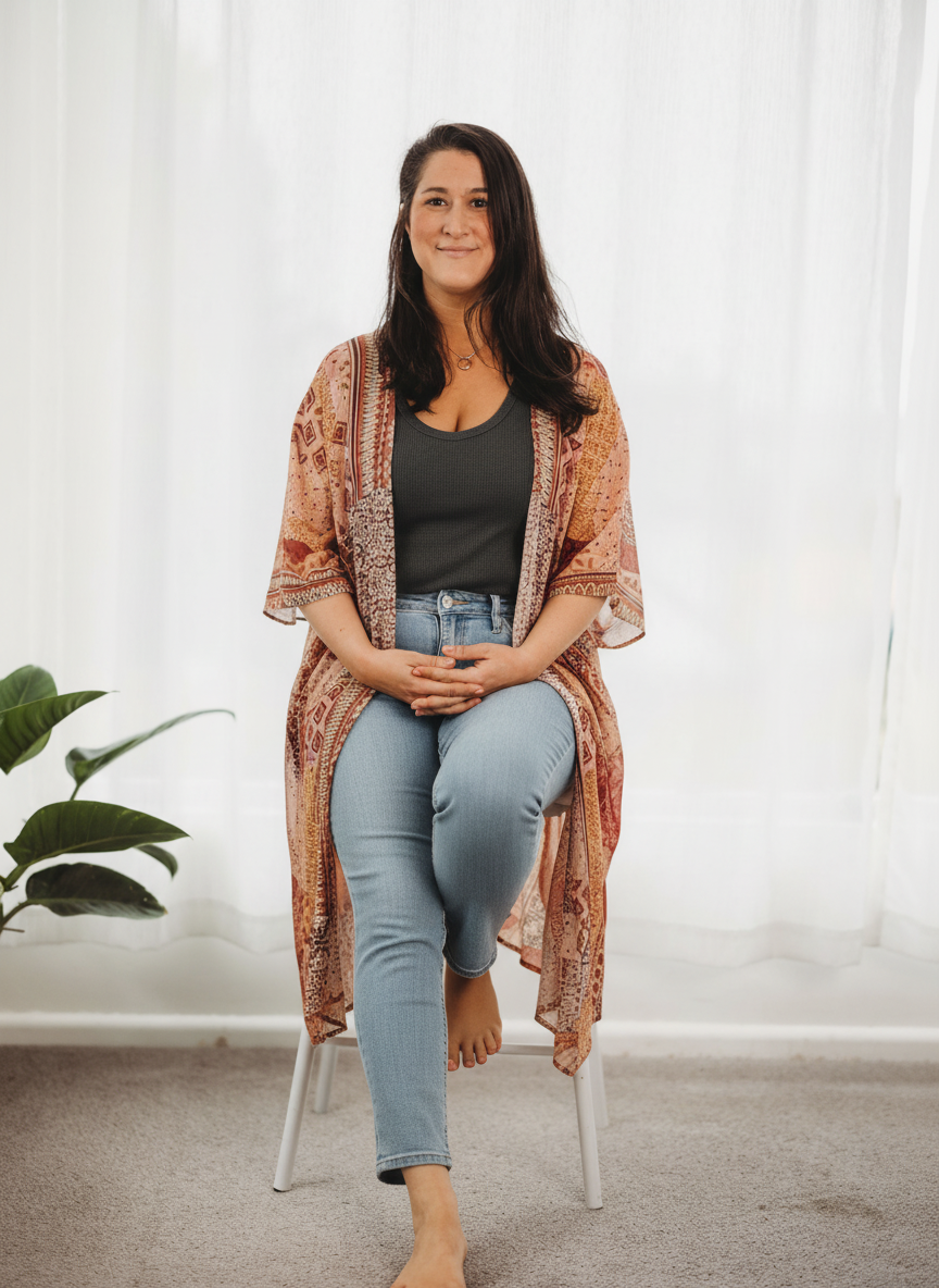 A woman sitting on a white chair, smiling, wearing a patterned robe, a black top, and light blue jeans, in front of white curtains with a green plant nearby.