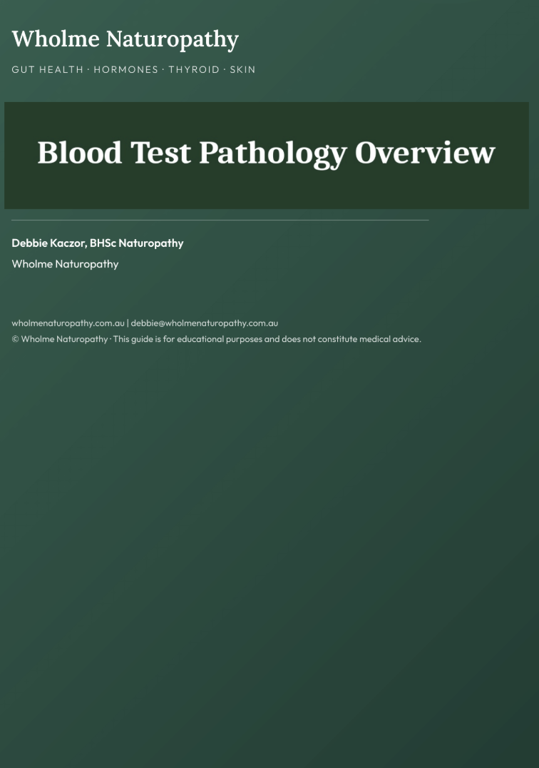 Cover page of a guide titled "Blood Test Pathology Overview" by Debbie Kaczor, BHSc Naturopathy, with a green background and white text.