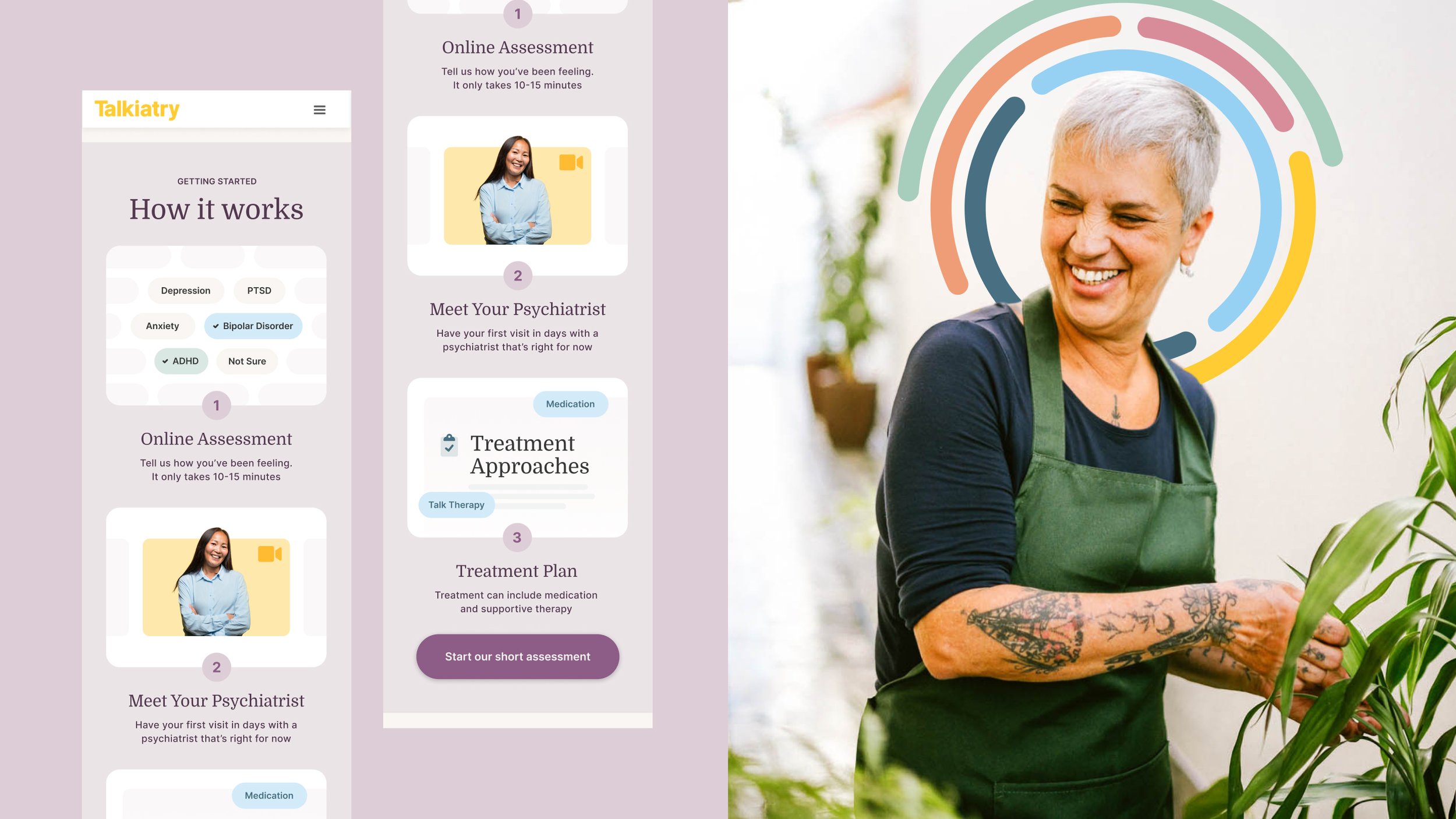 A woman with short gray hair and tattoos on her forearm, wearing a green apron, smiling and gardening inside a bright room with colorful abstract wall art in the background.