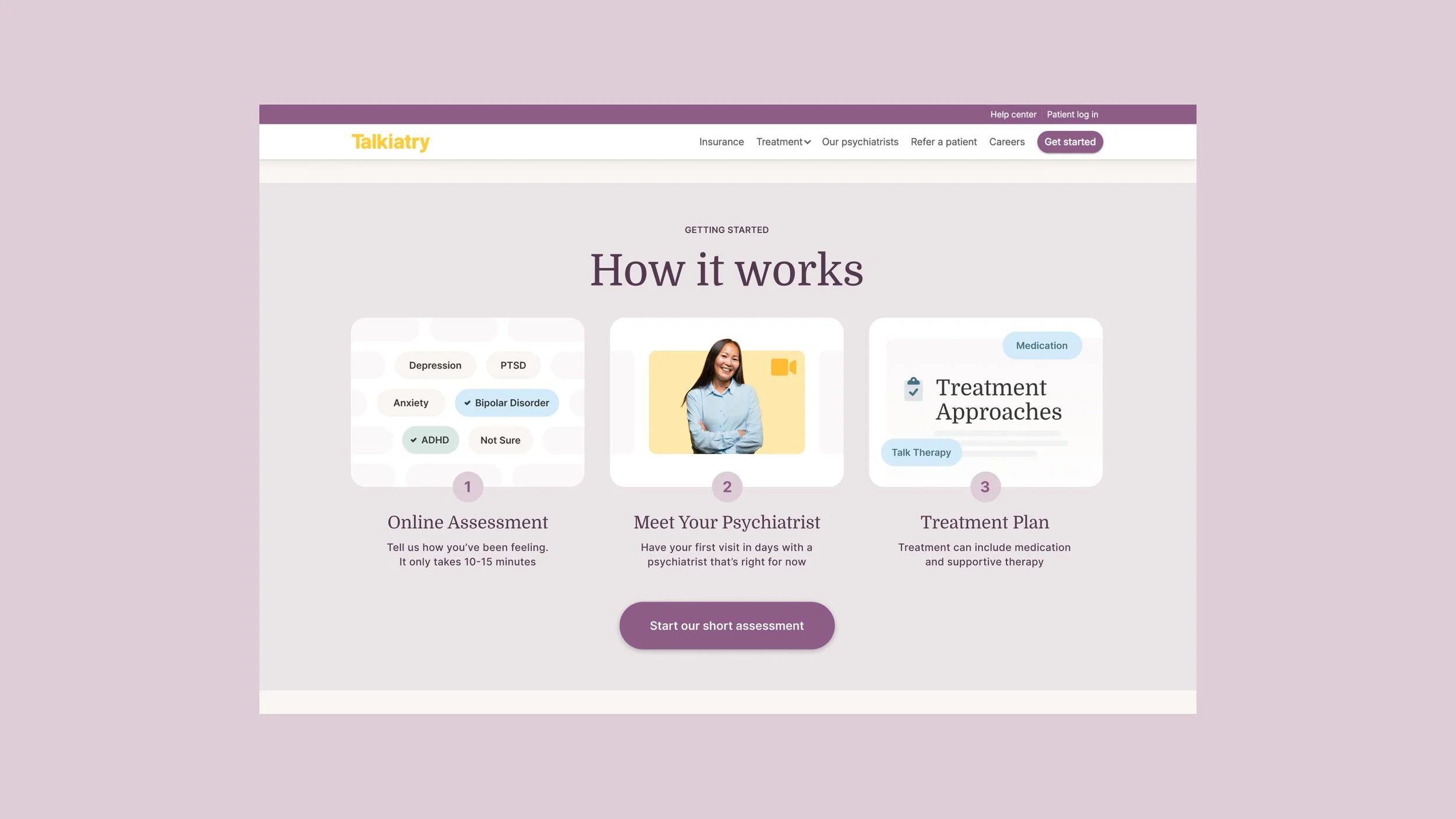 A webpage for Talkiatry, an online psychiatry service, showing a 'How it works' section with three steps: online assessment, meeting a psychiatrist via video, and creating a treatment plan. The page has a purple and white color scheme with a purple 'Get started' button.