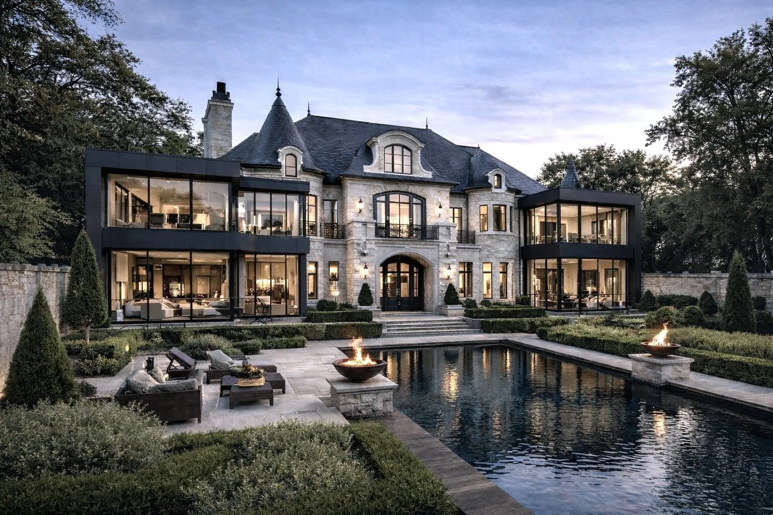 Luxury mansion with stone facade and modern glass extensions, a reflecting pool with fire bowls, and landscaped gardens at dusk.