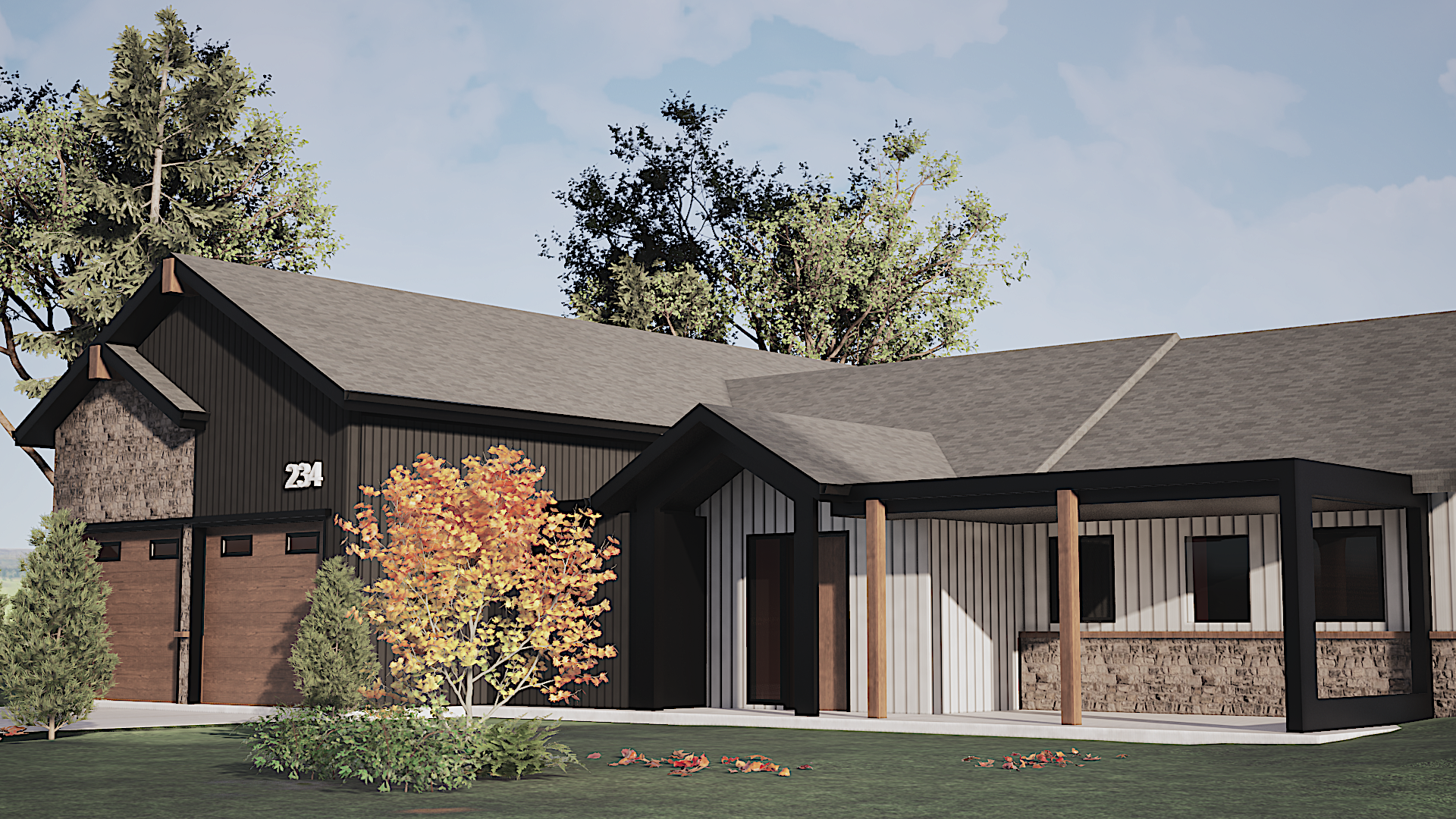 Front and landscape view of Ancaster Crestwood custom home highlighting massing and material contrast