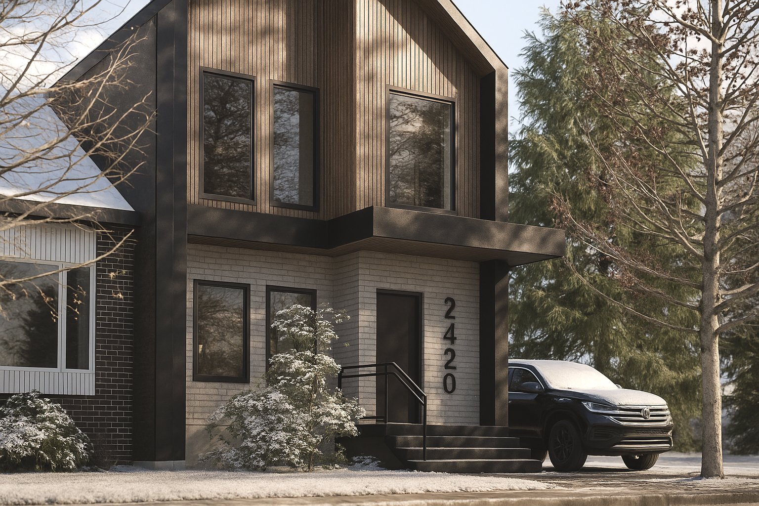 Front façade view of custom Oakville home emphasizing material composition and architectural form