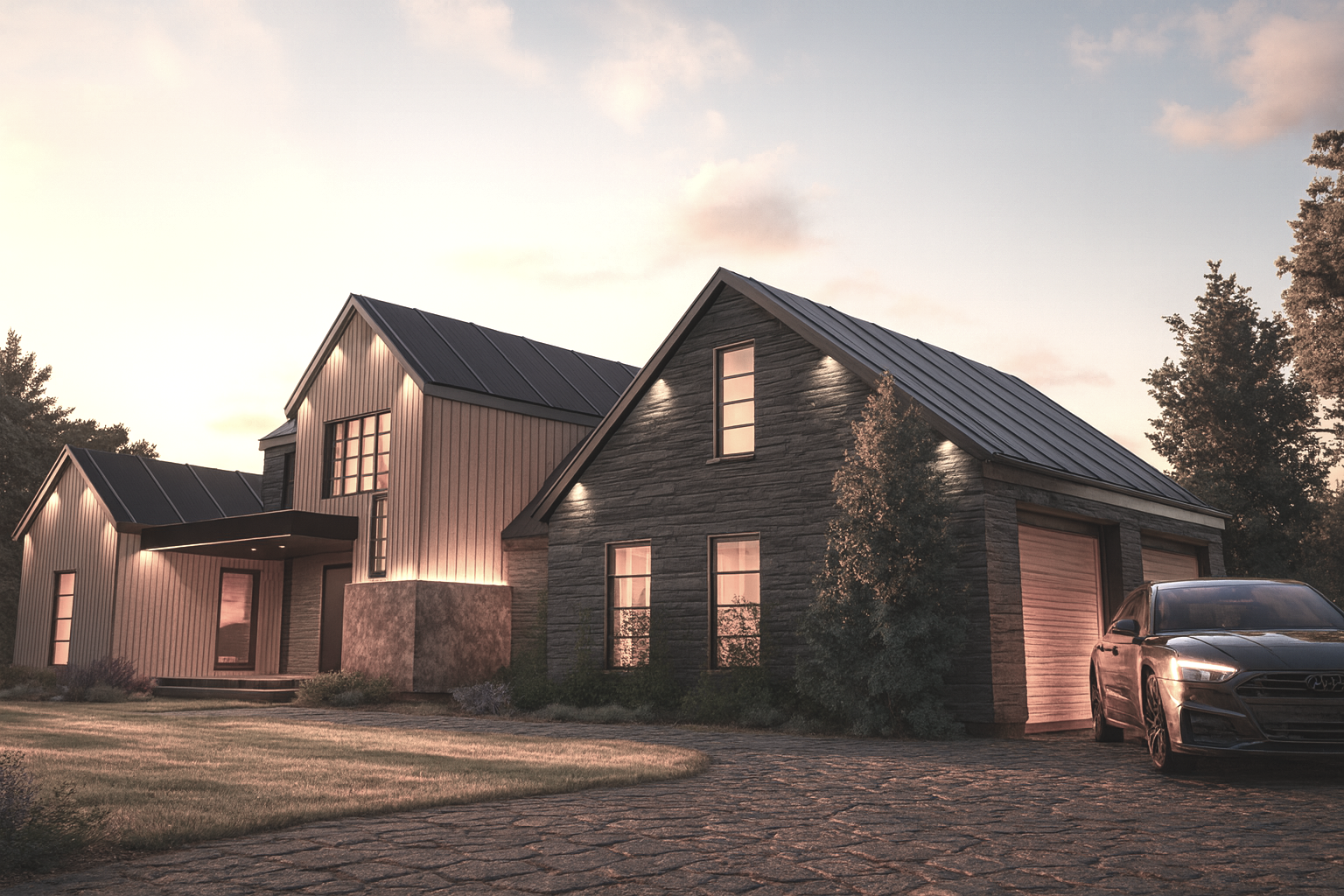 Front façade and landscape view of The Nature House showing modern architectural proportions