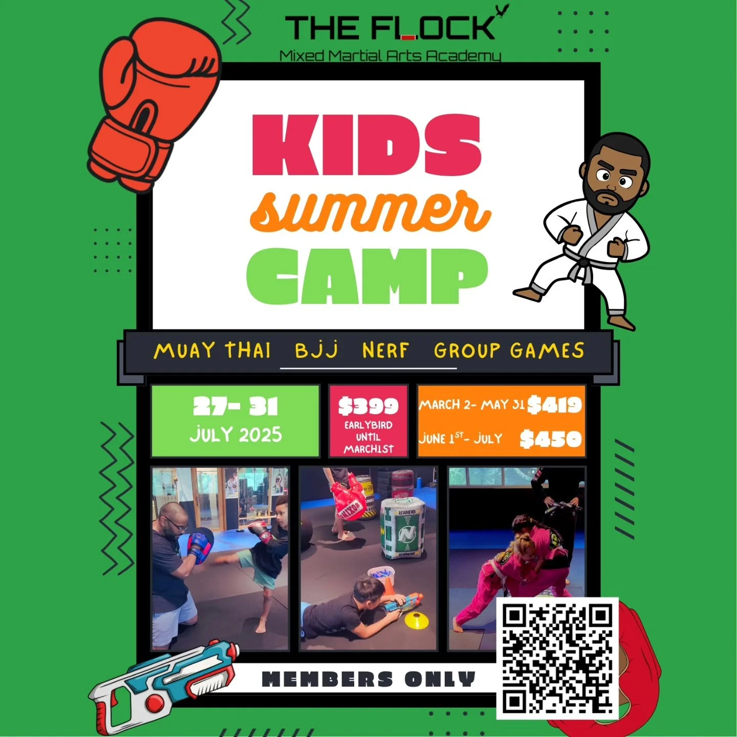 Attention Flock parents! Our summer camp is filling up and we only have a few spots remaining.  This camp is fun across the board! 9am to 3pm 

- 2 training sessions  a day Bjj, Boxing or muaythai 
- daily nerf battles
- team games
- includes a camp 