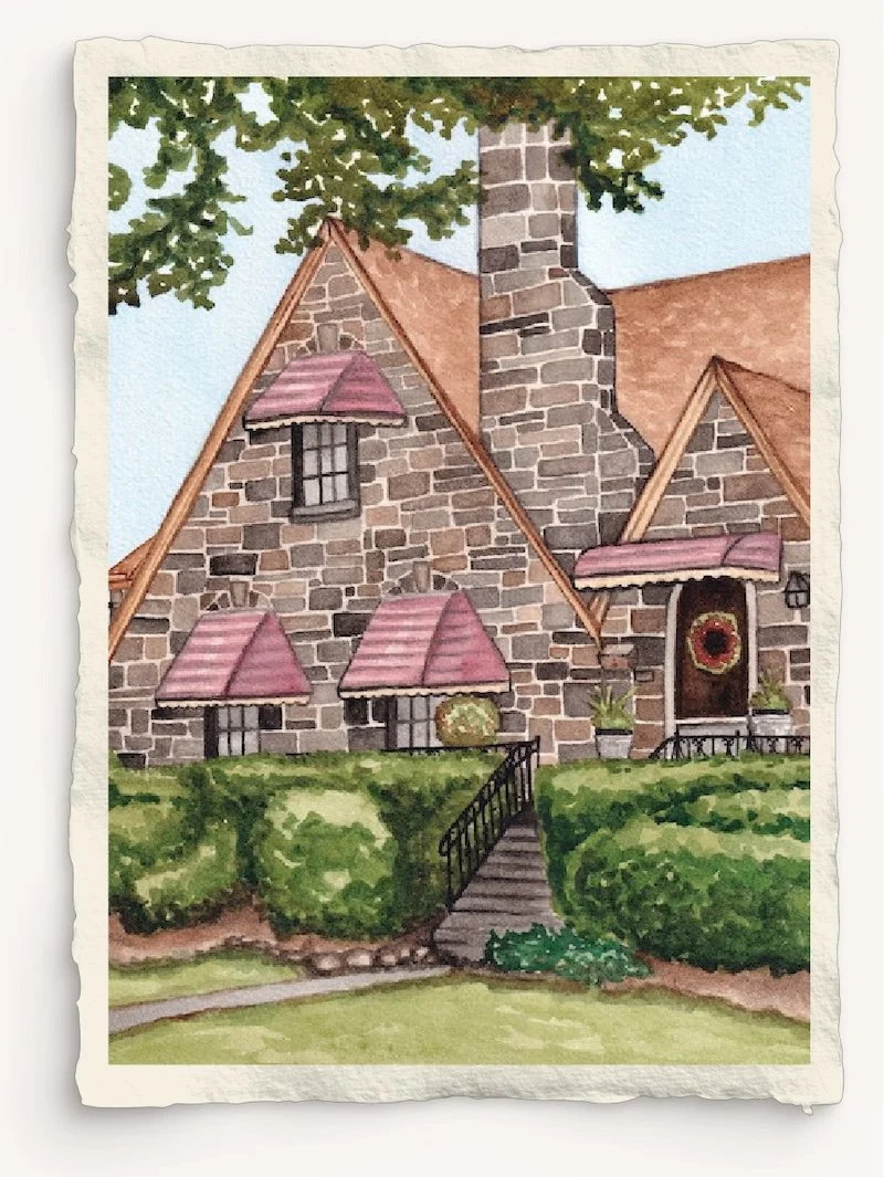 Beautiful custom art commission painting of a home in vibrant watercolors.