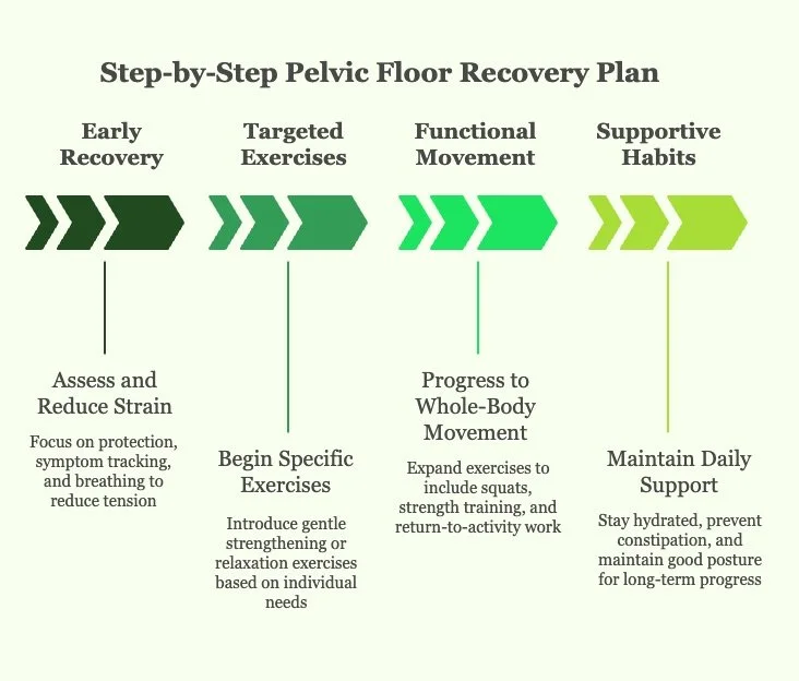 Step-by-Step Pelvic Floor Recovery Plan infographic.