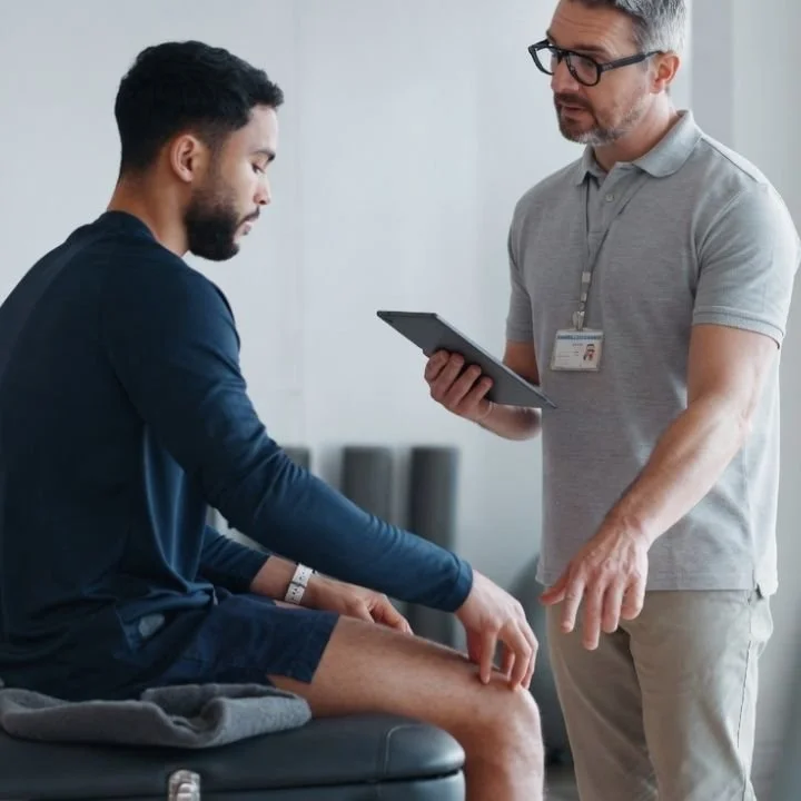 Physical therapist evaluating athlete’s knee during sports injury assessment.