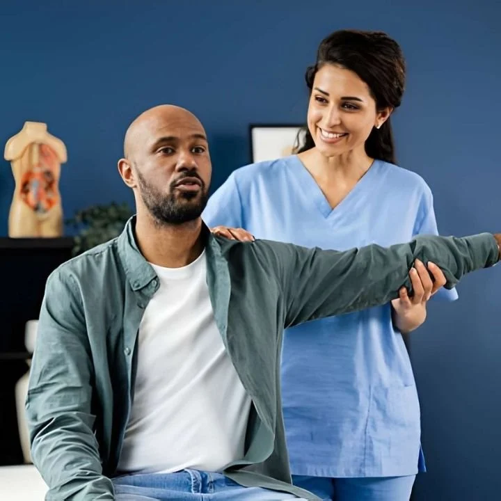 Physical therapist assisting patient with guided shoulder range-of-motion exercise in clinic setting.