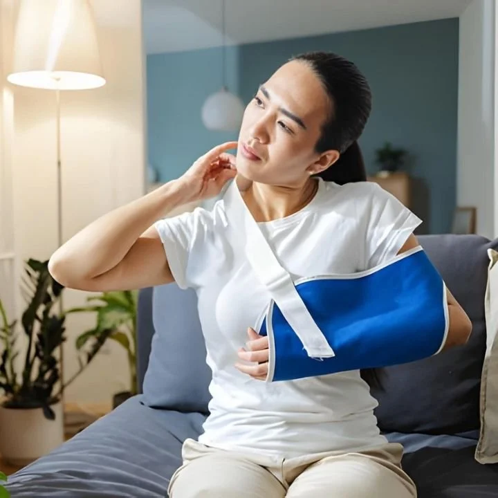 Woman wearing a sling during early shoulder surgery recovery at home.