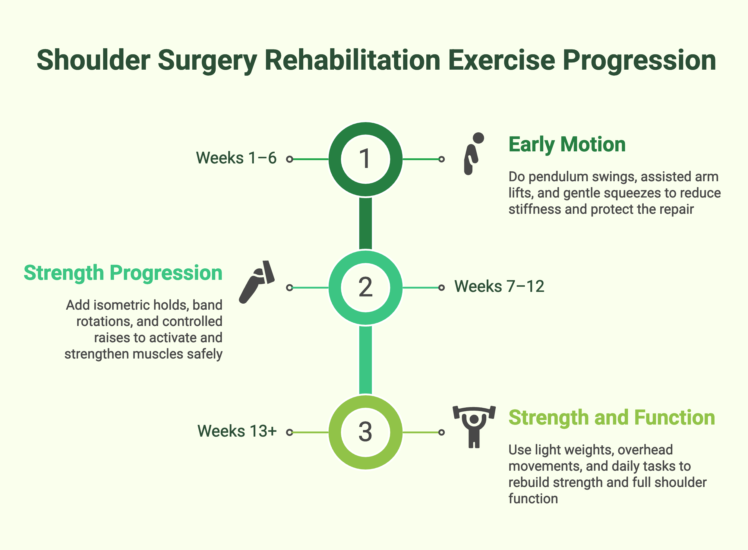 Infographic showing shoulder surgery rehabilitation exercise progression timeline.