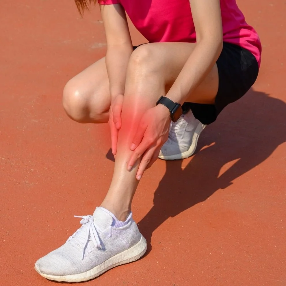 Runner holding inflamed shin after exercise with visible lower leg pain highlight.