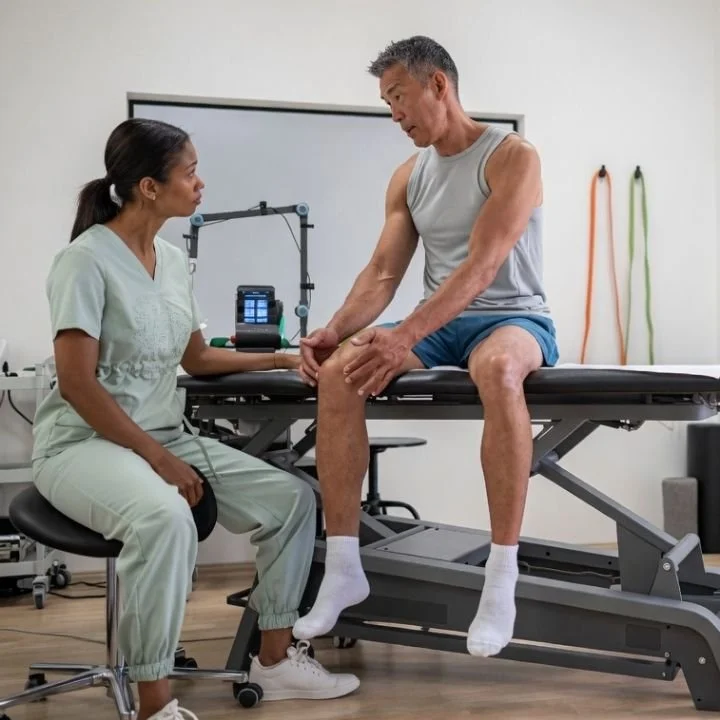 Physical therapist assessing knee pain in clinic setting.