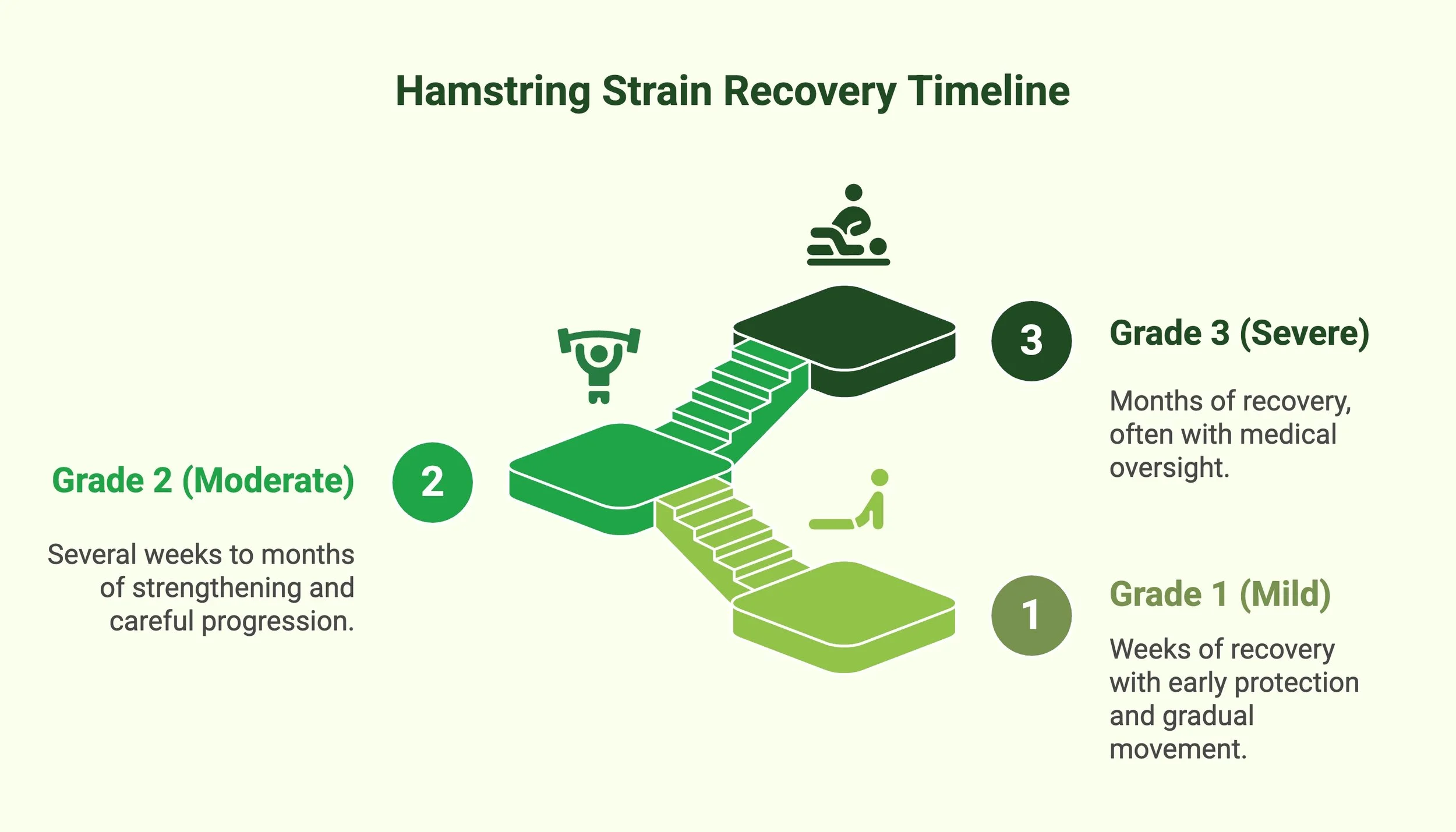 Infographic showing a hamstring strain recovery timeline with mild, moderate, and severe stages.