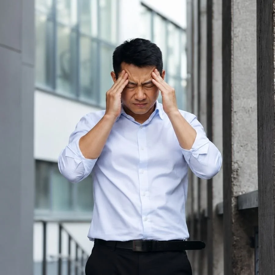 Man holding temples experiencing tension headache outdoors.