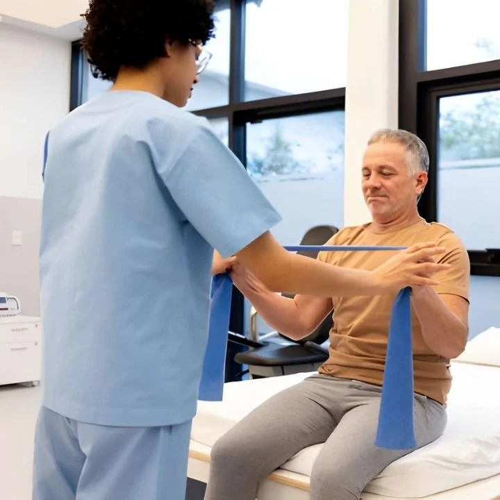 Physical therapist guiding older man through shoulder resistance band exercise.