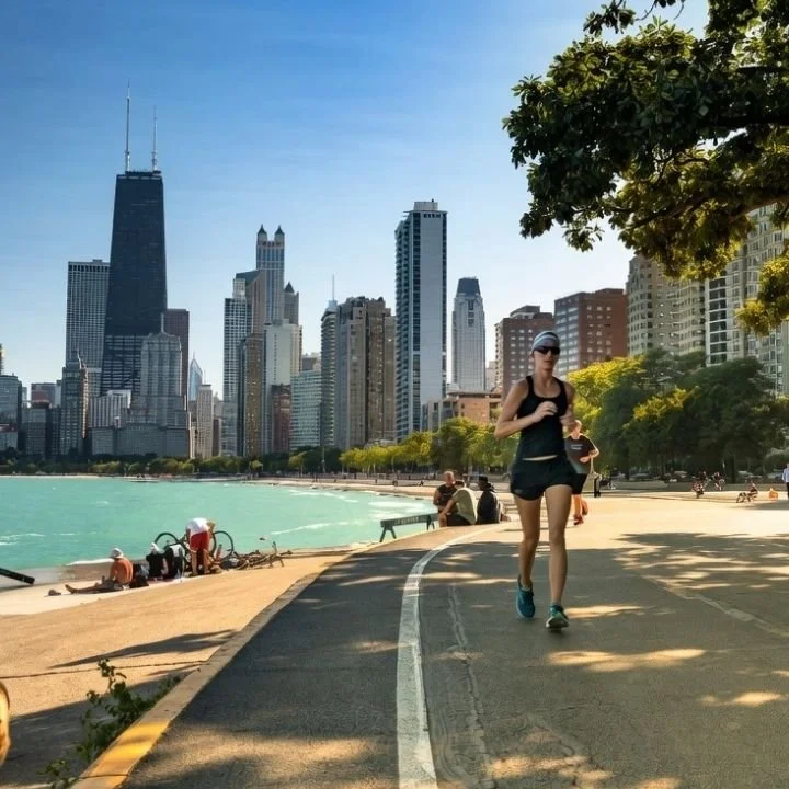 Runner on Chicago lakefront trail with city skyline view.