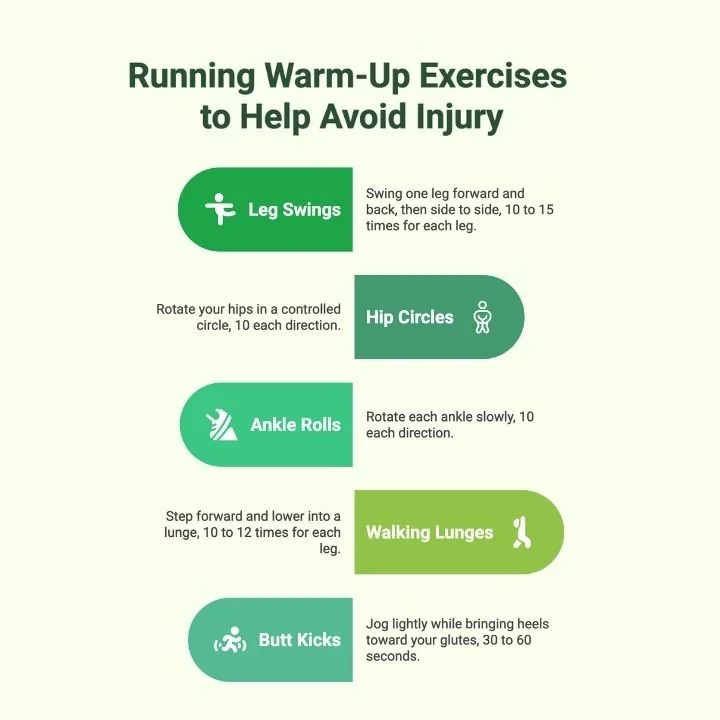 Infographic showing running warm-up exercises to prevent injury.