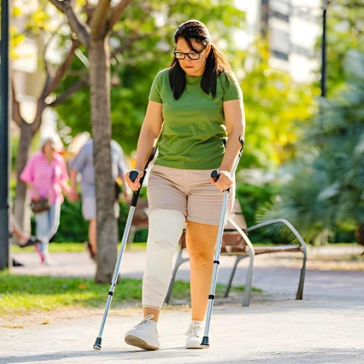 Adult walking outdoors with crutches and a knee brace during recovery.