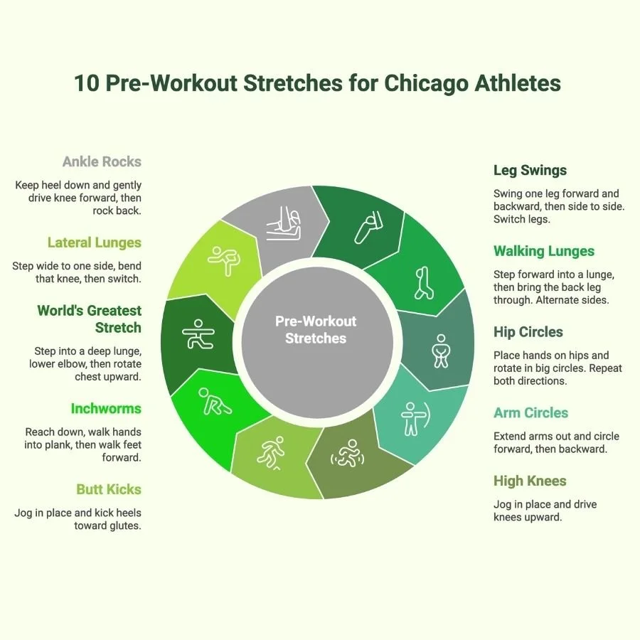 Infographic showing 10 pre-workout stretches for Chicago athletes.