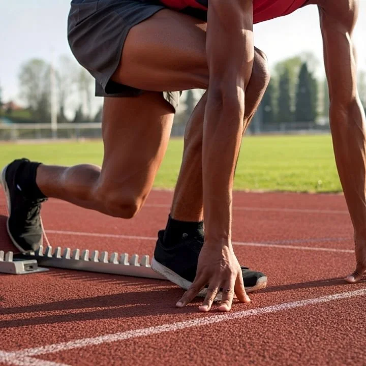 Athlete in a sprint start position on a running track.