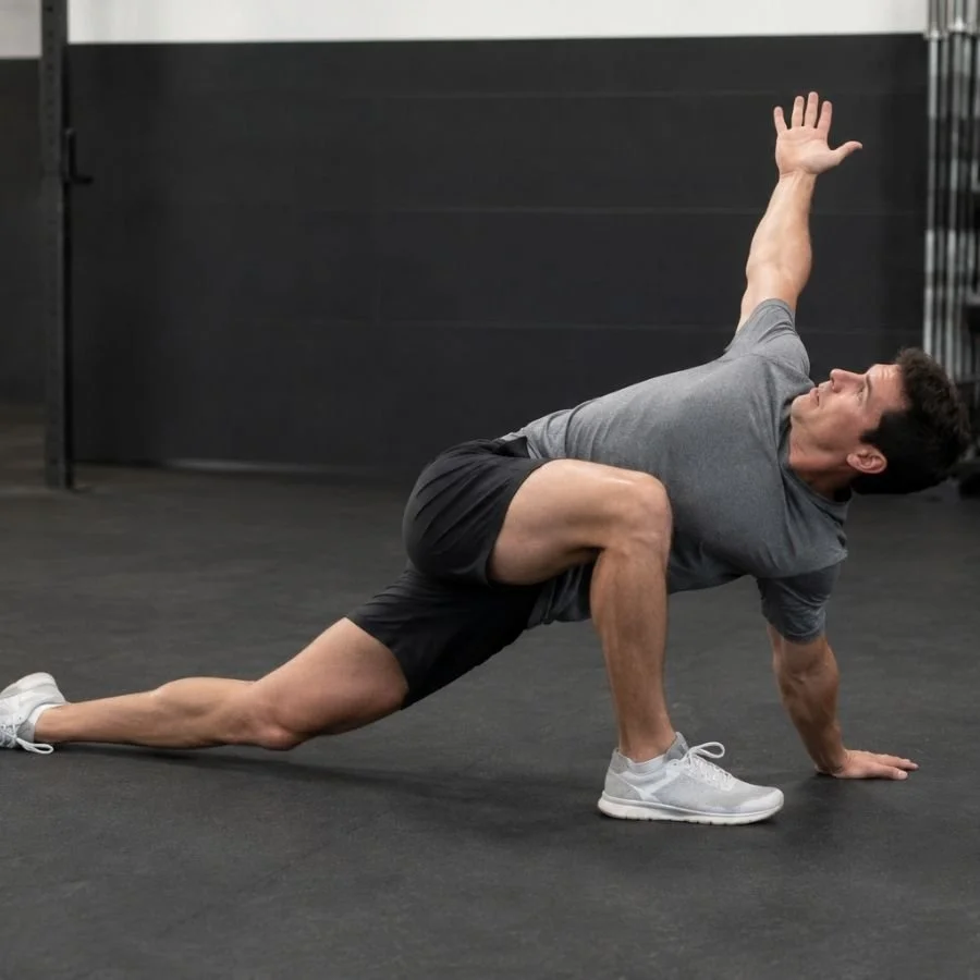 Man performing world’s greatest stretch stretch in gym.