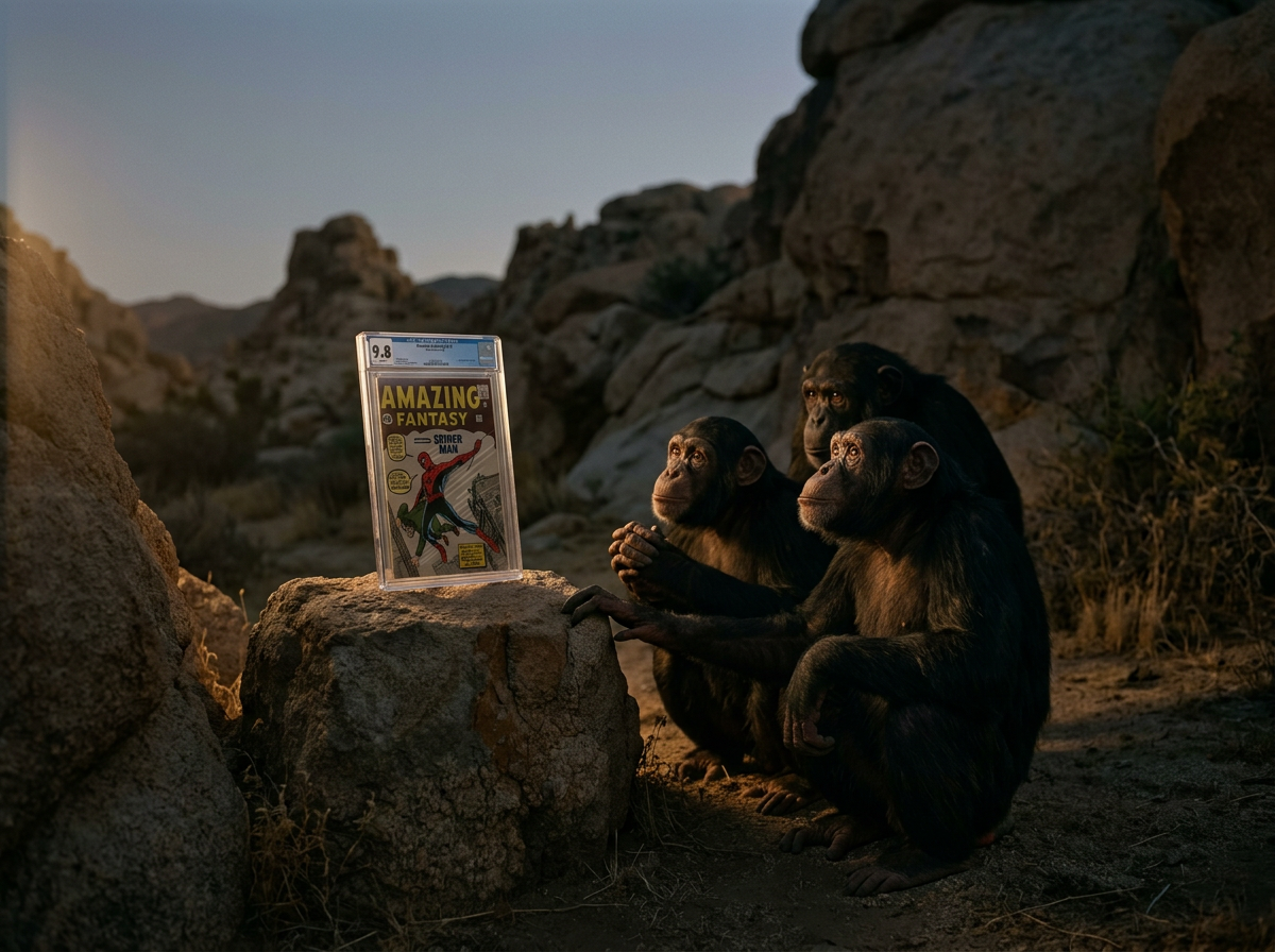 Monkeys are worshipping a graded comic book