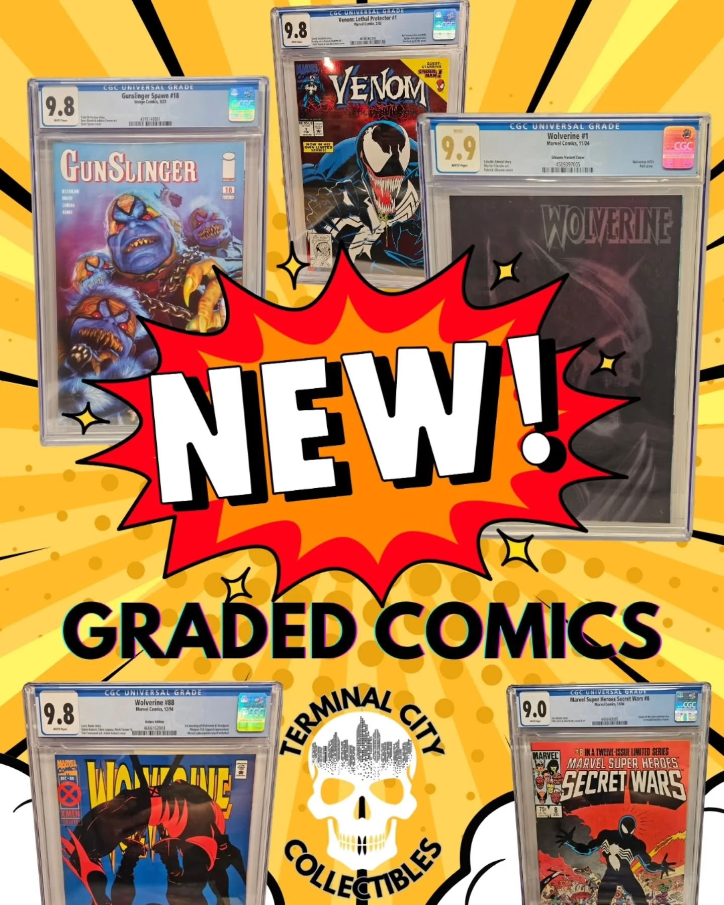 🔥 Huge drop of graded comics just landed at Terminal City Collectibles! 

Highlights include: 
🐺 Wolverine #1 (CGC 9.9) &mdash; nearly flawless

🕷️ Secret Wars #8 (CGC 9.0) &mdash; first black suit Spidey, Venom&rsquo;s origin point 

⚔️ Wolverine