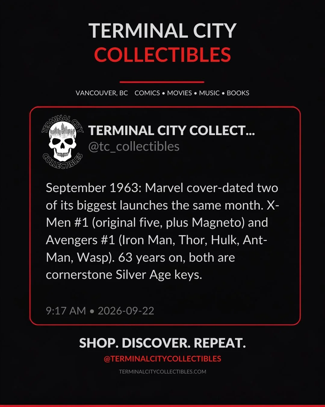 September 1963 was a stacked month for Marvel. X-Men #1 (the original five, plus Magneto) and Avengers #1 (Iron Man, Thor, Hulk, Ant-Man, Wasp) both carry that same cover date. 63 years later, they're still two of the most sought-after Silver Age key