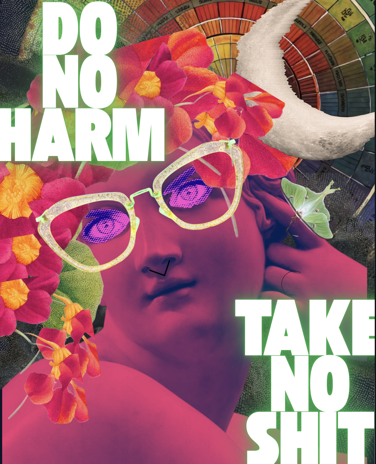 A digital collage of Venus di Milo with rose colored skin and hair,  vintage glasses, and a septum ring, by the light of a crescent moon. It reads: Do No Harm. Take No Shit.Art by Nocturne Tarot, NO AI WAS USED