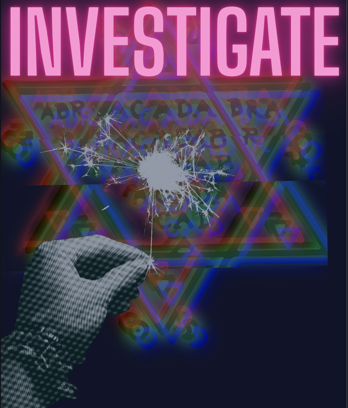 A hand hold a sparkler up to an ancient, esoteric seal with AbraCaDaBra inscribed across its front. The cation says: Investigate! Art by Nocturne Tarot, NO AI WAS USED