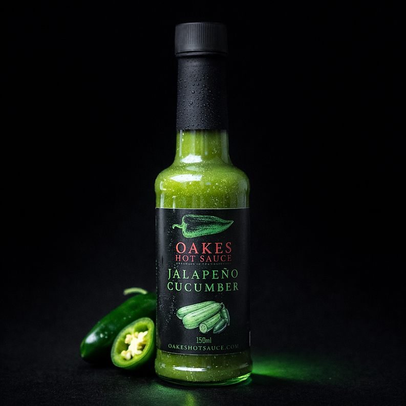 Oakes Jalapeño Cucumber Hot Sauce bottle on a dark background with fresh jalapeños.