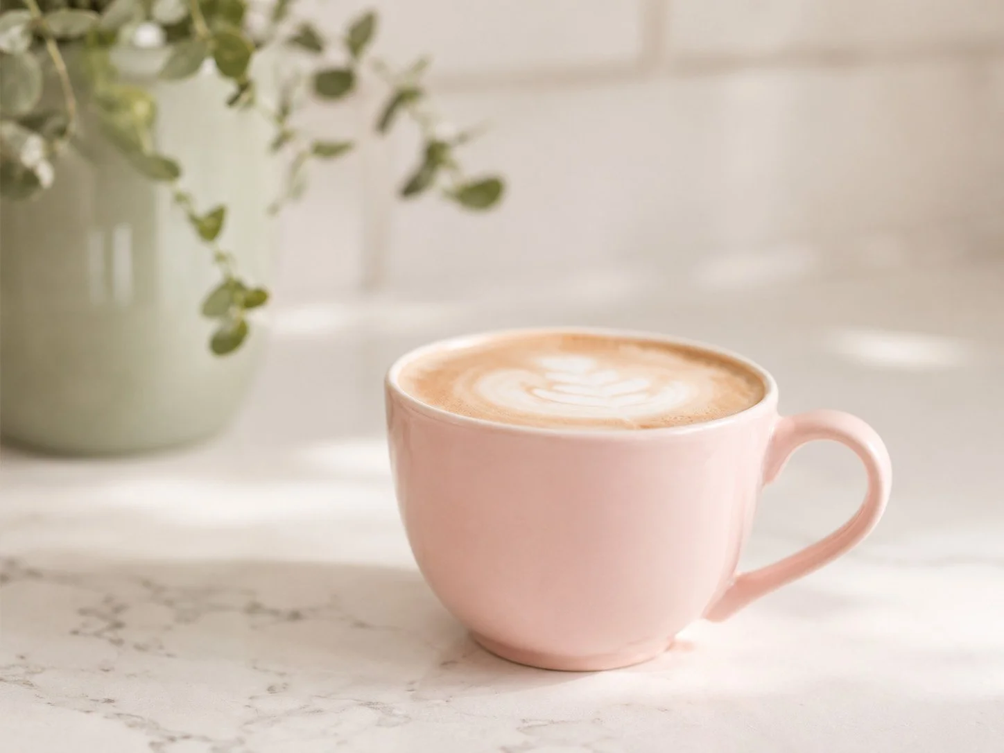 Pink coffee cup with latte and soft green foliage