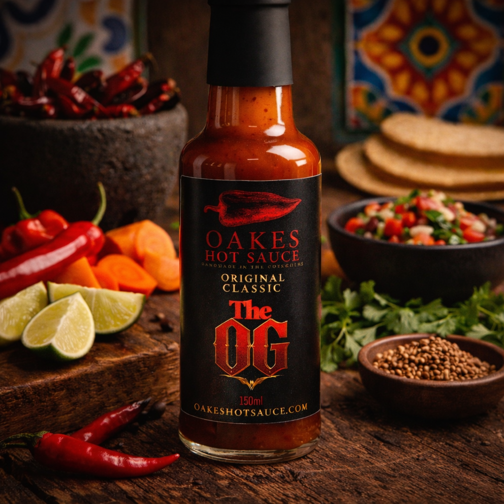 Oakes Hot Sauce The OG Original Classic bottle with chillies, lime, herbs and tacos.