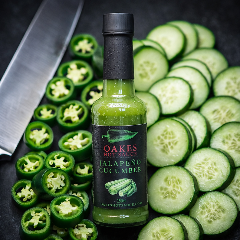 Oakes Jalapeño Cucumber Hot Sauce bottle with sliced jalapeños and cucumber.