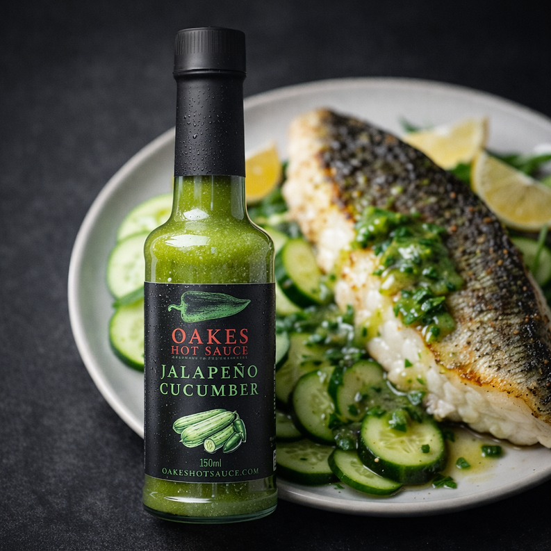 Oakes Jalapeño Cucumber Hot Sauce bottle served with grilled fish, cucumber and lemon.