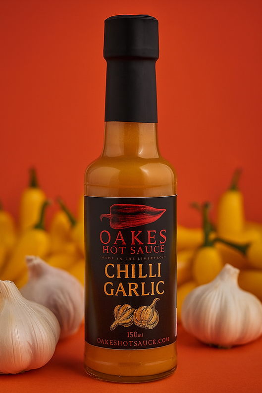Oakes Chilli Garlic Hot Sauce bottle with garlic and yellow chillies.